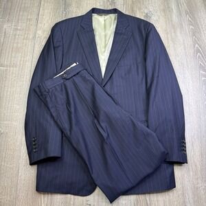 Paul Stuart Navy Blue Zoot Stripe Super 110's Wool Suit Mens Size 42 Tall 34/31